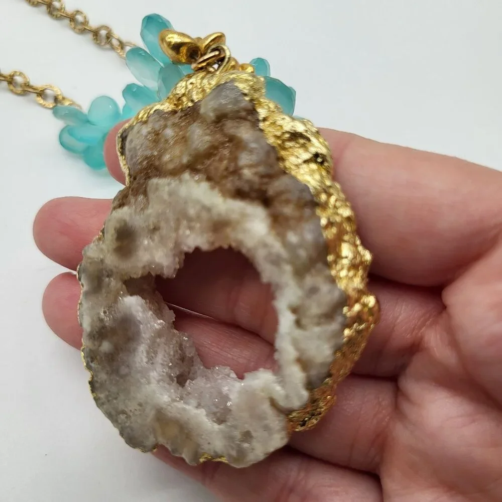Laura J Finery Gold Plated Brass Necklace Druzy Geode Pendant Teal Gemstones - Picture 7 of 12